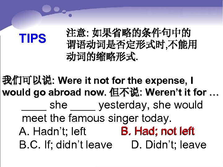 TIPS 注意: 如果省略的条件句中的 谓语动词是否定形式时, 不能用 动词的缩略形式. 我们可以说: Were it not for the expense, I