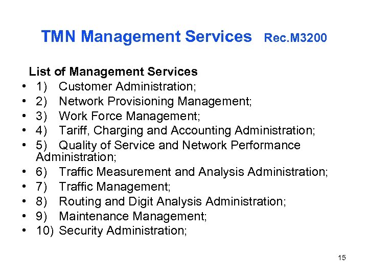 TMN Management Services Rec. M 3200 List of Management Services • 1) Customer Administration;