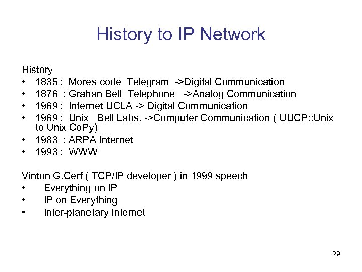 History to IP Network History • 1835 : Mores code Telegram ->Digital Communication •