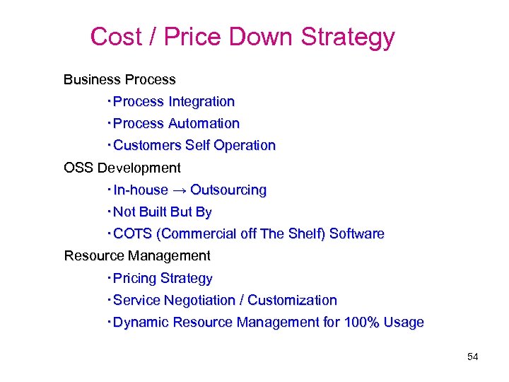 Cost / Price Down Strategy Business Process ・Process Integration ・Process Automation ・Customers Self Operation