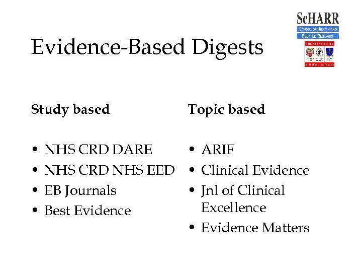 Evidence-Based Digests Study based • • Topic based NHS CRD DARE • ARIF NHS