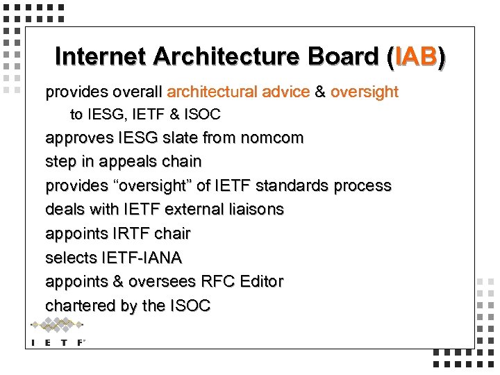 Internet Architecture Board (IAB) provides overall architectural advice & oversight to IESG, IETF &