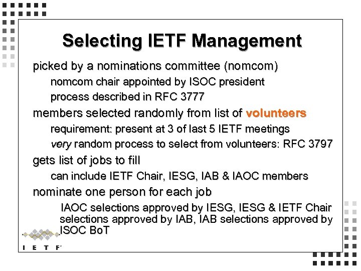 Selecting IETF Management picked by a nominations committee (nomcom) nomcom chair appointed by ISOC