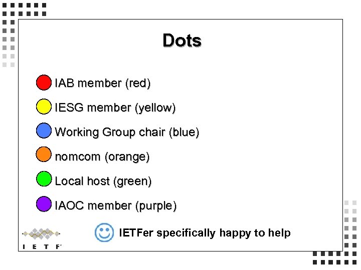 Dots IAB member (red) IESG member (yellow) Working Group chair (blue) nomcom (orange) Local