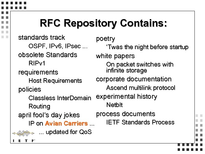 RFC Repository Contains: standards track OSPF, IPv 6, IPsec. . . obsolete Standards RIPv