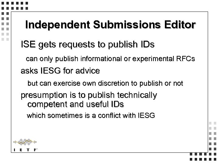 Independent Submissions Editor ISE gets requests to publish IDs can only publish informational or