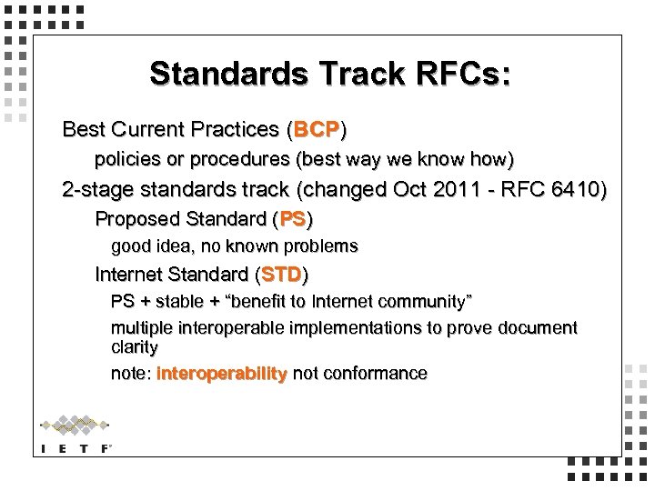 Standards Track RFCs: Best Current Practices (BCP) policies or procedures (best way we know