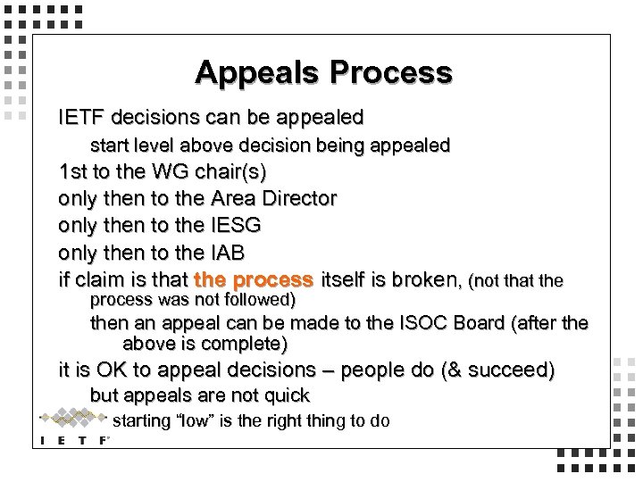 Appeals Process IETF decisions can be appealed start level above decision being appealed 1