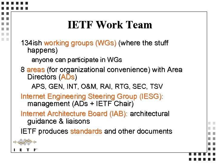 IETF Work Team 134 ish working groups (WGs) (where the stuff happens) anyone can