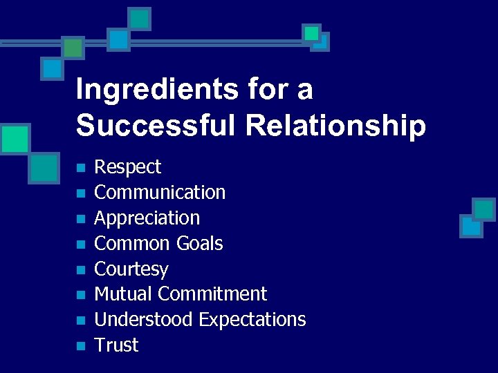 Ingredients for a Successful Relationship n n n n Respect Communication Appreciation Common Goals