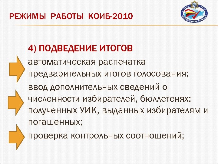 РЕЖИМЫ РАБОТЫ КОИБ-2010 4) ПОДВЕДЕНИЕ ИТОГОВ автоматическая распечатка предварительных итогов голосования; ввод дополнительных сведений