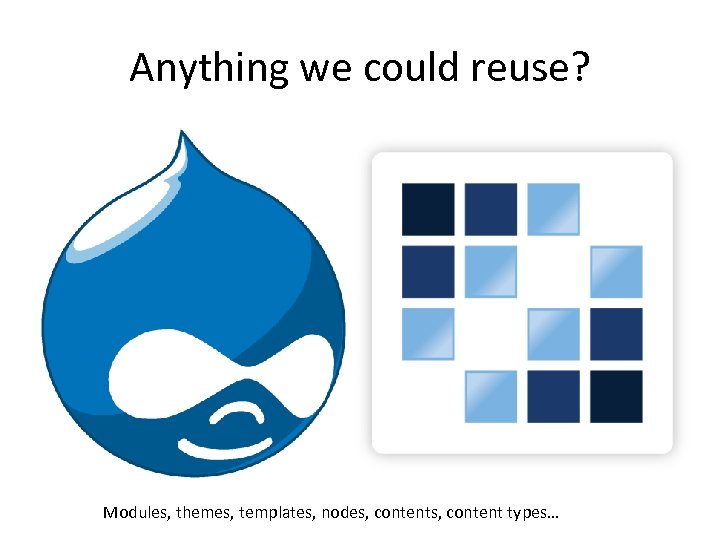 Anything we could reuse? Modules, themes, templates, nodes, content types… 