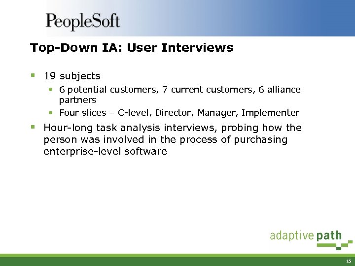 Top-Down IA: User Interviews § 19 subjects • 6 potential customers, 7 current customers,