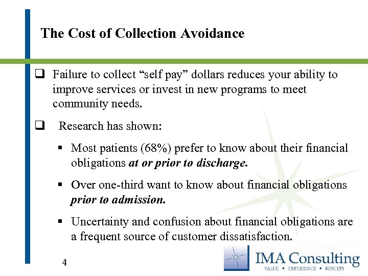 The Cost of Collection Avoidance q Failure to collect “self pay” dollars reduces your