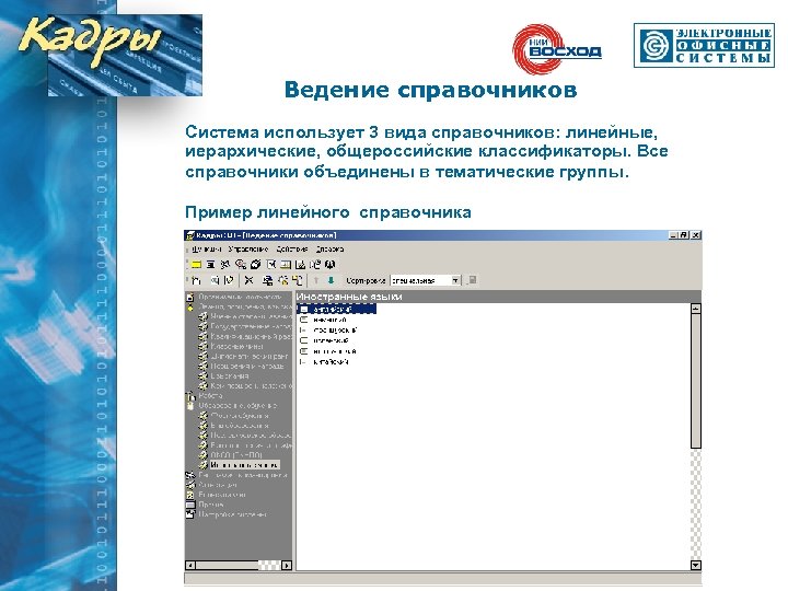 Ведение справочников Система использует 3 вида справочников: линейные, иерархические, общероссийские классификаторы. Все справочники объединены