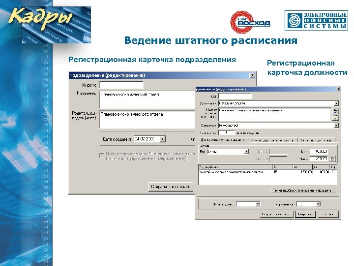 Ведение штатного расписания Регистрационная карточка подразделения Регистрационная карточка должности 
