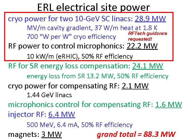 ERL electrical site power cryo power for two 10 -Ge. V SC linacs: 28.