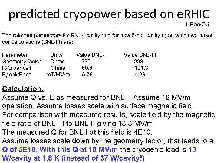 predicted cryopower based on e. RHIC I. Ben-Zvi The relevant parameters for BNL-I cavity
