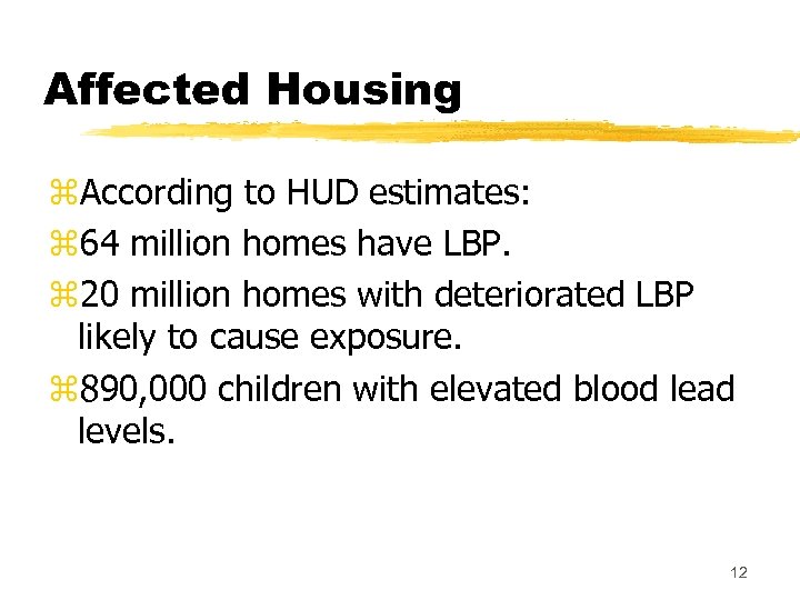 Affected Housing z. According to HUD estimates: z 64 million homes have LBP. z
