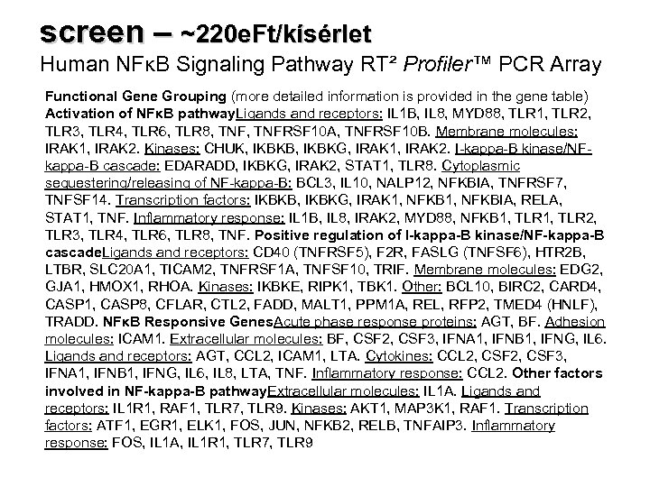 screen – ~220 e. Ft/kísérlet Human NFκB Signaling Pathway RT² Profiler™ PCR Array Functional