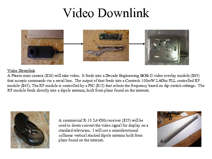 Video Downlink A Pixera mini camera ($26) will take video. It feeds into a