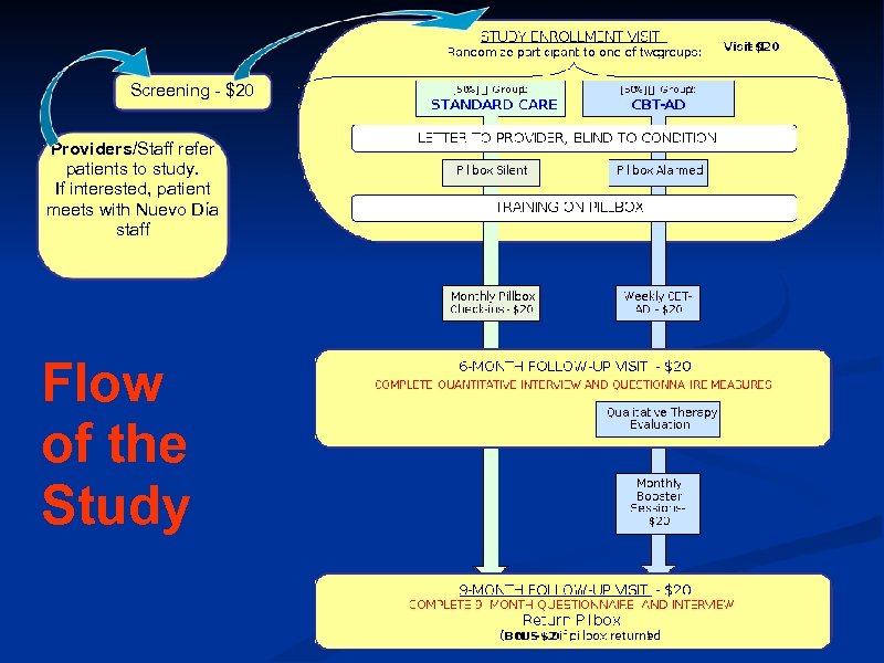 Screening - $20 Providers/Staff refer patients to study. If interested, patient meets with Nuevo