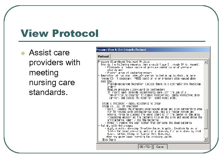 View Protocol l Assist care providers with meeting nursing care standards. 
