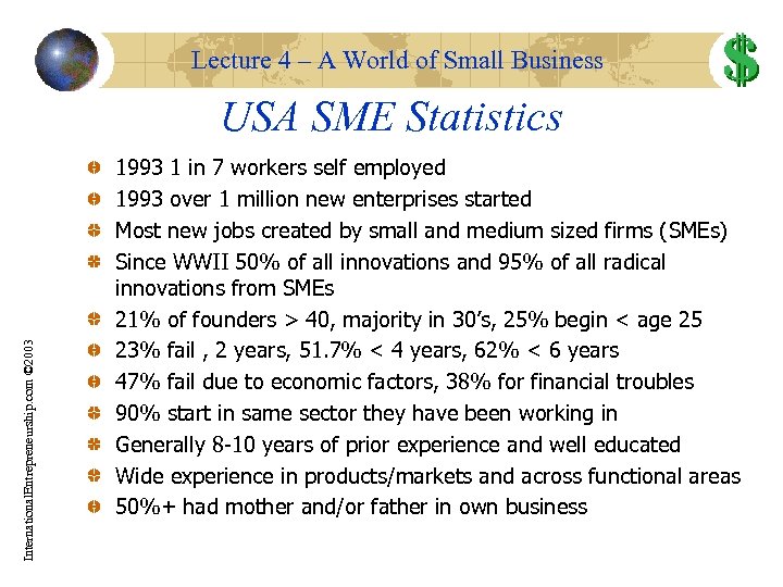 Lecture 4 – A World of Small Business International. Entrepreneurship. com © 2003 USA