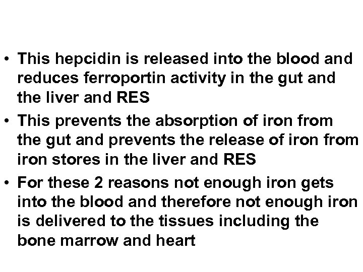  • This hepcidin is released into the blood and reduces ferroportin activity in