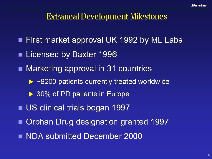 Extraneal Development Milestones n First market approval UK 1992 by ML Labs n Licensed