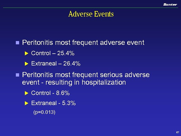 Adverse Events n Peritonitis most frequent adverse event u u n Control – 25.