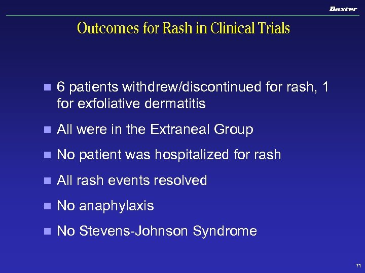 Outcomes for Rash in Clinical Trials n 6 patients withdrew/discontinued for rash, 1 for