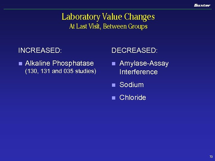 Laboratory Value Changes At Last Visit, Between Groups INCREASED: n Alkaline Phosphatase DECREASED: n