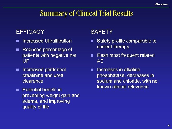 Summary of Clinical Trial Results EFFICACY SAFETY n Increased Ultrafiltration n n Reduced percentage