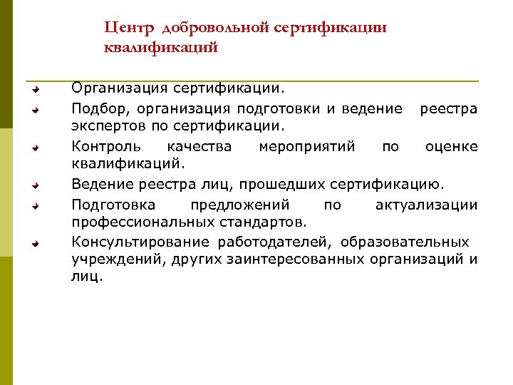 Центр добровольной сертификации квалификаций Организация сертификации. Подбор, организация подготовки и ведение реестра экспертов по