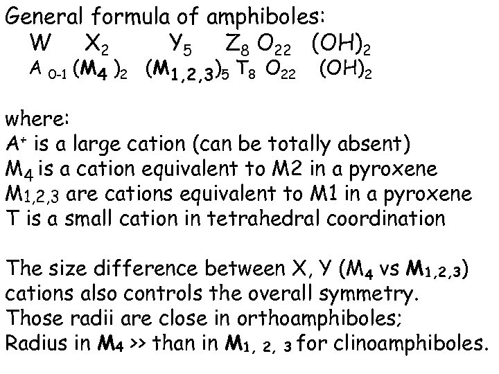 General formula of amphiboles: W X 2 Y 5 Z 8 O 22 (OH)2