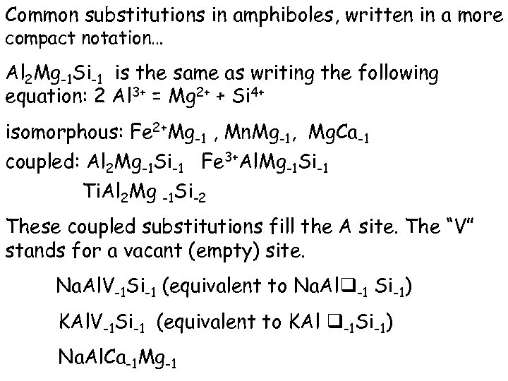 Common substitutions in amphiboles, written in a more compact notation… Al 2 Mg-1 Si-1