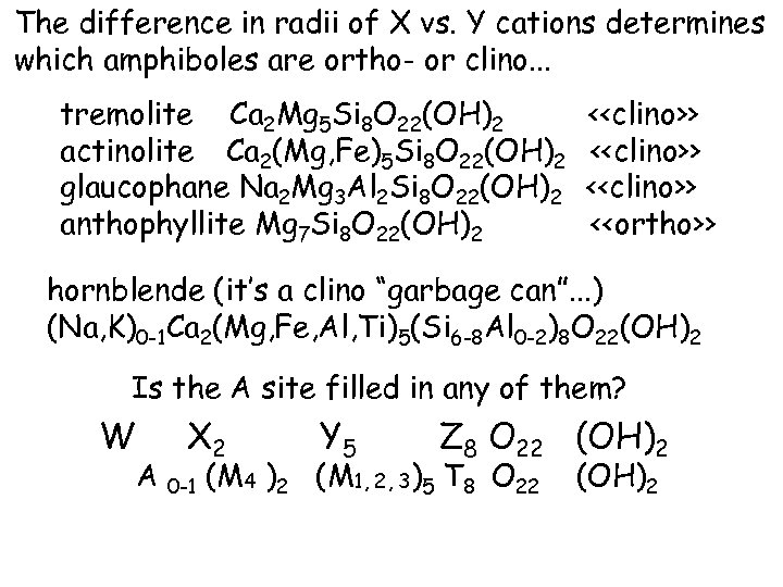 The difference in radii of X vs. Y cations determines which amphiboles are ortho-