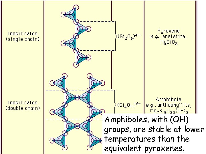 Amphiboles, with (OH)groups, are stable at lower temperatures than the equivalent pyroxenes. 