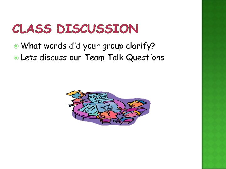 CLASS DISCUSSION What words did your group clarify? Lets discuss our Team Talk Questions