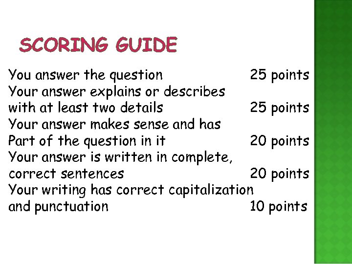 SCORING GUIDE You answer the question 25 points Your answer explains or describes with