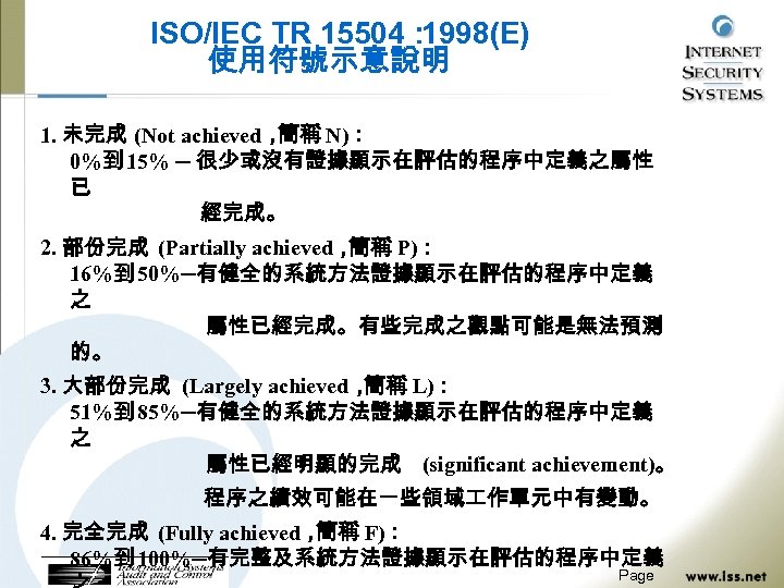 ISO/IEC TR 15504： 1998(E) 使用符號示意說明 1. 未完成 (Not achieved， 簡稱 N)： 0%到 15% ─