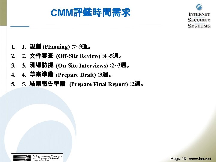 CMM評鑑時間需求 1. 規劃 (Planning)： 7~9週。 2. 文件審查 (Off-Site Review)： 4~5週。 3. 現場訪視 (On-Site Interviews)：