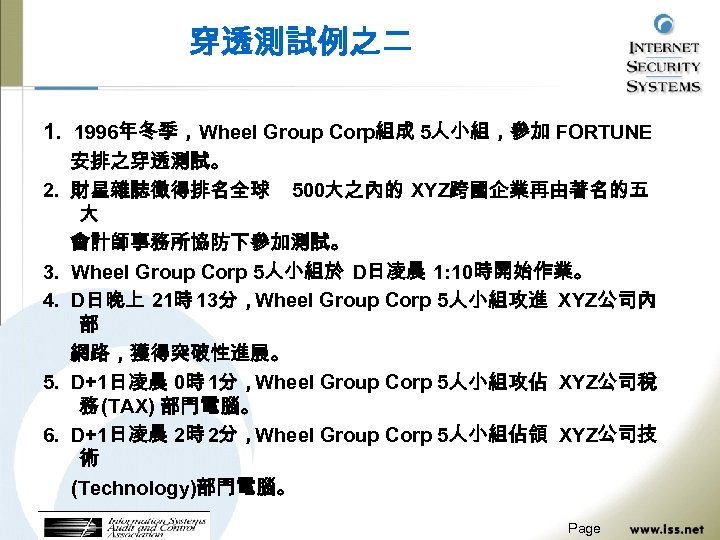 穿透測試例之二 1. 1996年冬季，Wheel Group Corp組成 5人小組，參加 FORTUNE 2. 3. 4. 5. 6. 安排之穿透測試。 財星雜誌徵得排名全球