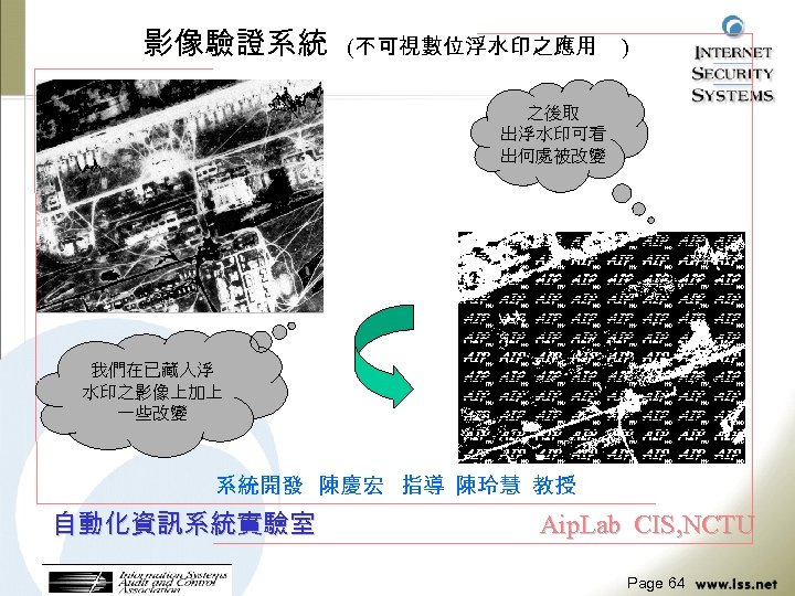 影像驗證系統 (不可視數位浮水印之應用 ) 之後取 出浮水印可看 出何處被改變 我們在已藏入浮 水印之影像上加上 一些改變 系統開發 陳慶宏 指導 陳玲慧 教授