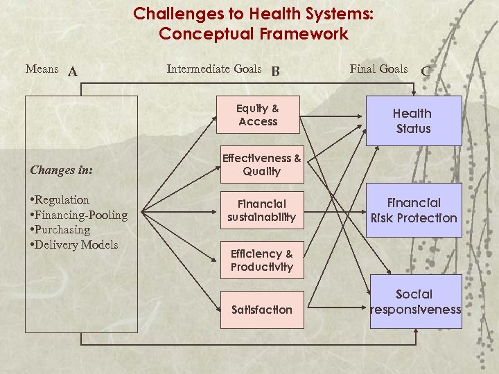 Challenges to Health Systems: Conceptual Framework Means A Intermediate Goals B Equity & Access
