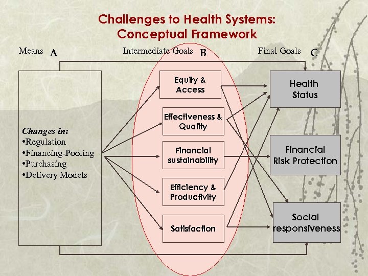 Challenges to Health Systems: Conceptual Framework Means A Intermediate Goals B Equity & Access