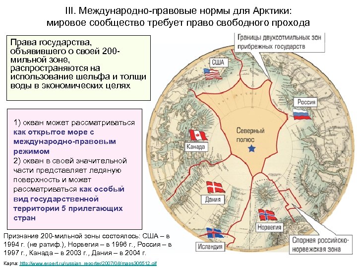 III. Международно-правовые нормы для Арктики: мировое сообщество требует право свободного прохода Права государства, объявившего