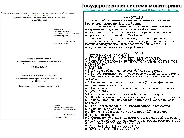 Государственная система мониторинга http: //www. geol. irk. ru/baikal/bulletins/omul_05/public. htm АННОТАЦИЯ Настоящий бюллетень составлен по