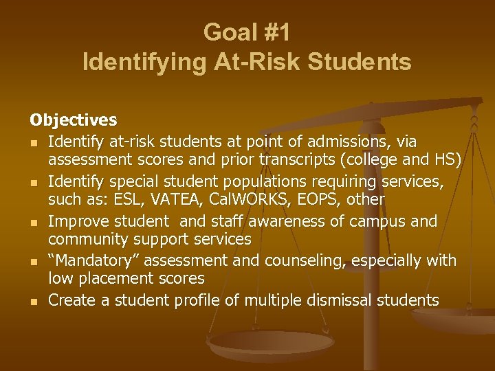 Goal #1 Identifying At-Risk Students Objectives n Identify at-risk students at point of admissions,